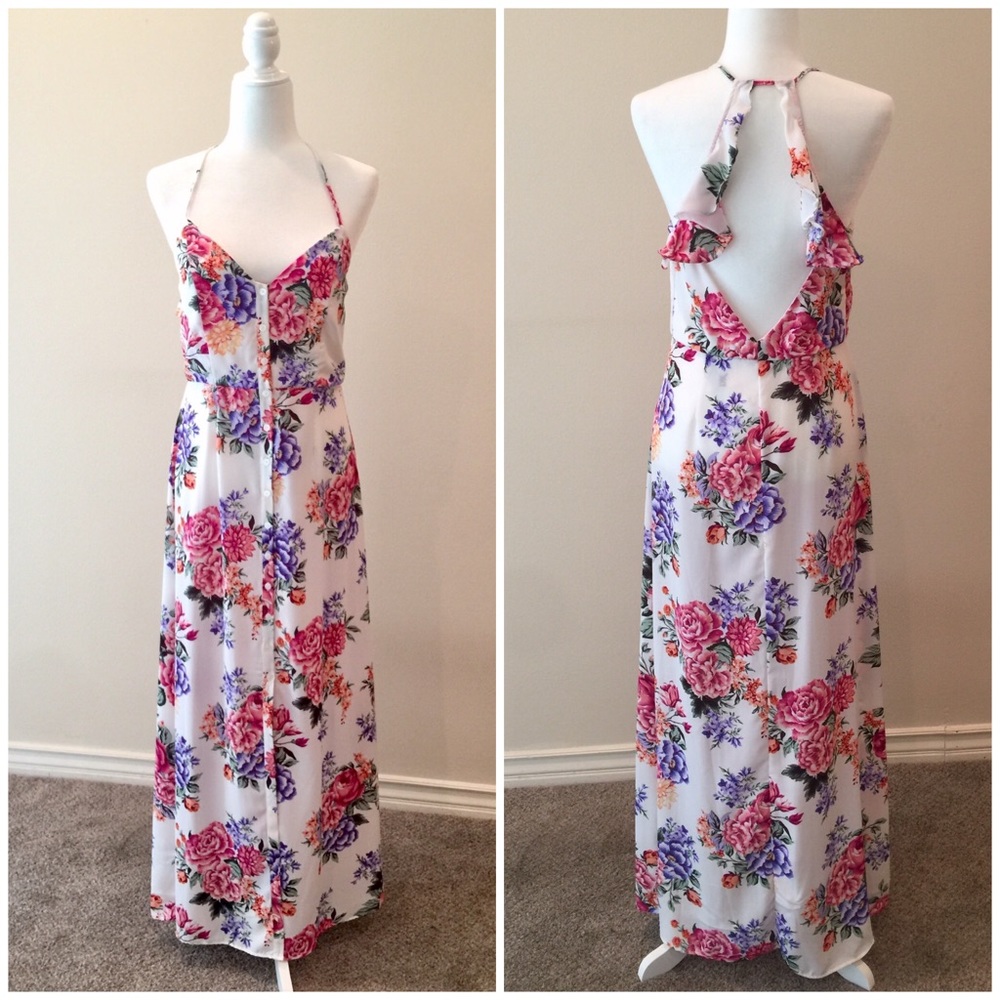 NWT M 7 floral maxi dress open back ruffle pink boho flowy summer spring